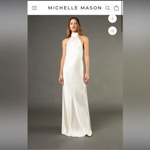 Michelle Mason HALTER TIE NECK BACKLESS GOWN - IVORY